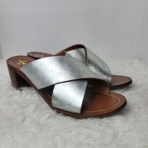 Tory Burch Shoes  Womens Size 9 M  Montrose Mirror Slip On Silver Leather Heel
